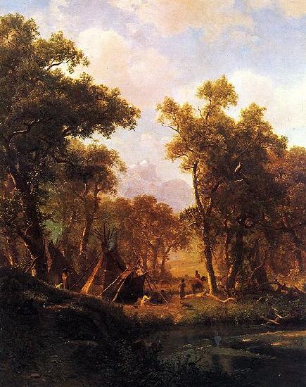 Albert Bierstadt Indian Encampment, Shoshone Village - in a riparian forest, western United States oil painting picture